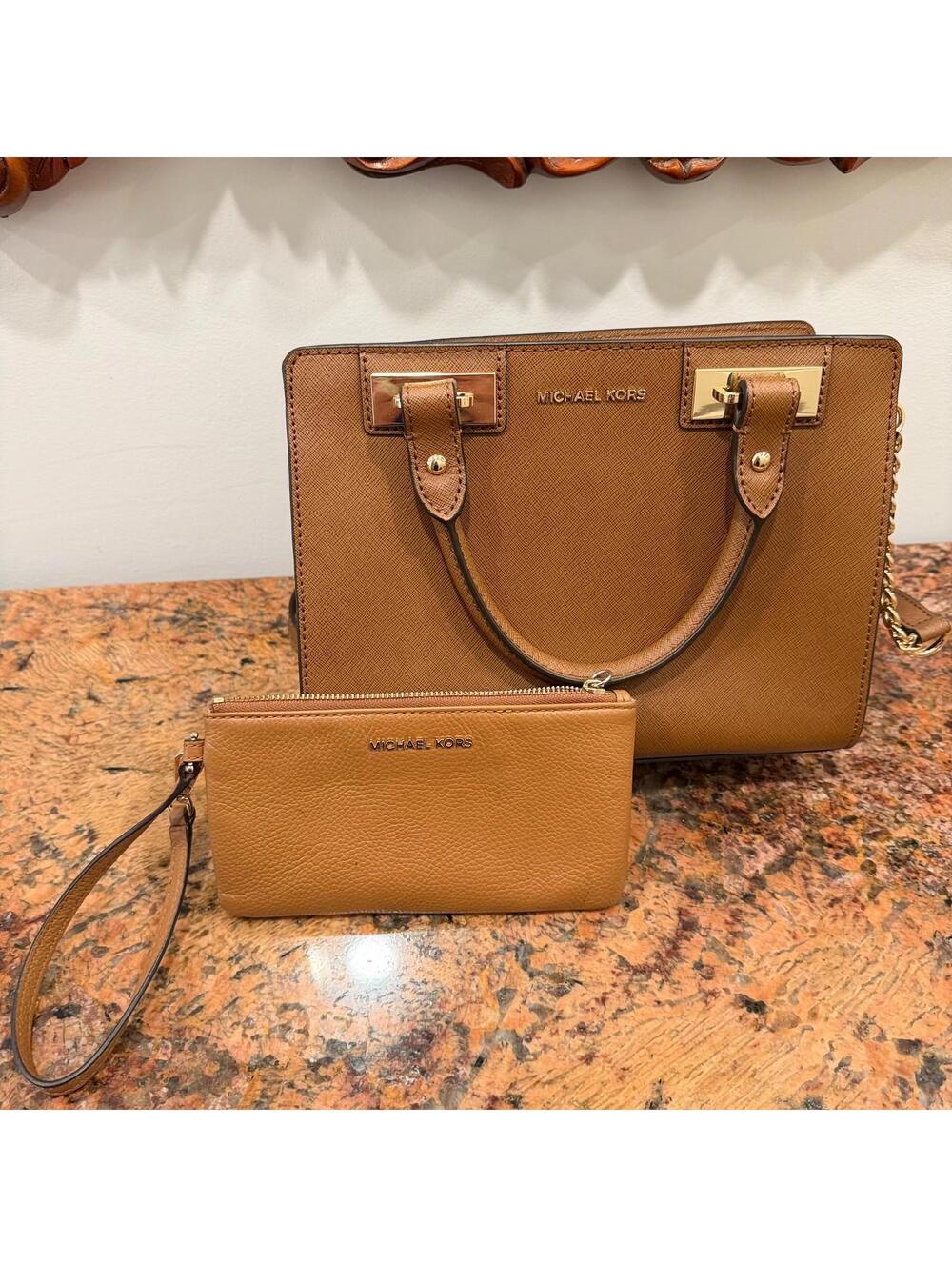 Michael Kors Brown Acorn Quinn Leather Satchel & Jet Set Wristlet